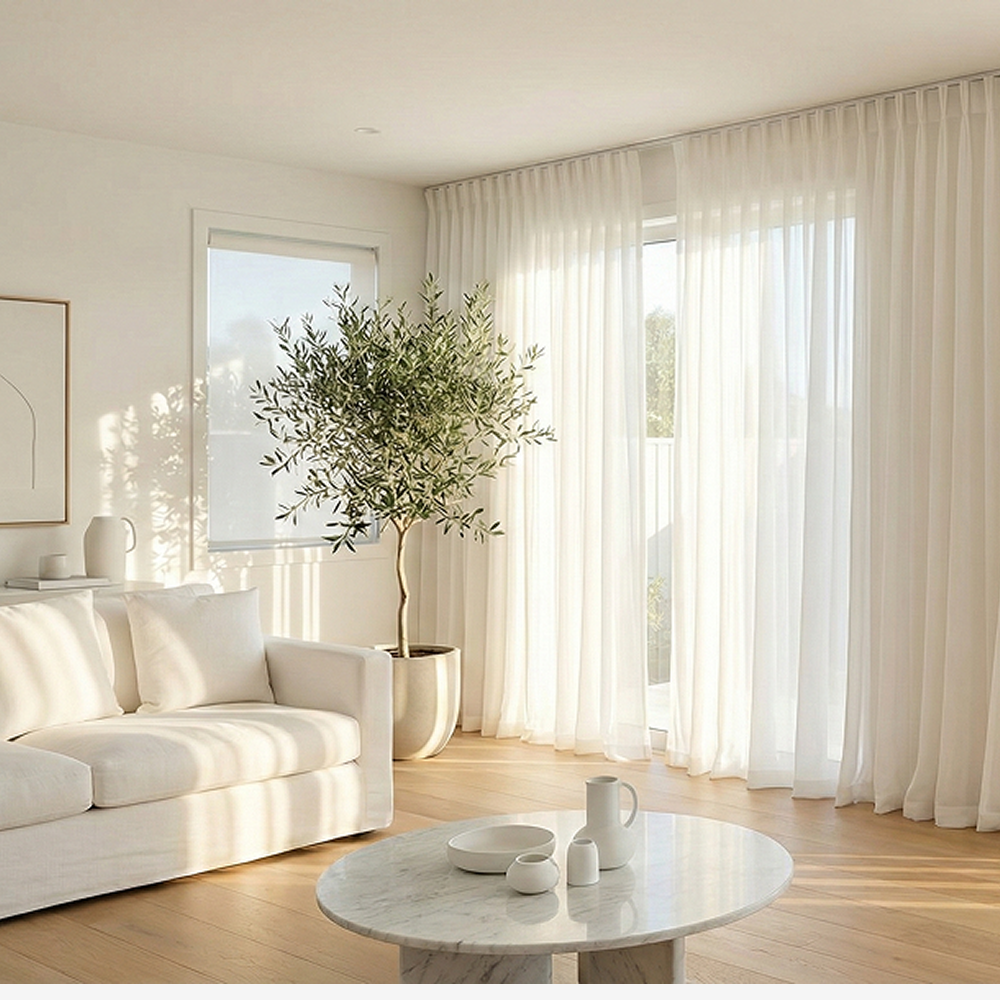 [난연/방염] 형상기억 화이트 프리미엄 쉬폰커튼 이음선 없는 나비주름 맞춤제작 차르르 커튼