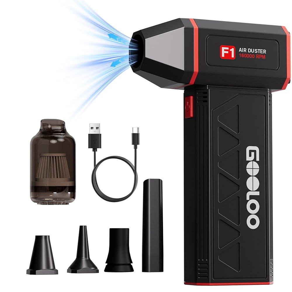 GOOLOO F1 압축 공기 먼지 제거기, 4 기어 160000RPM 전기 LED 조명이 있는 충전식 무선 송풍기, 컴퓨터 키보드 가정용 자동차 제거용 미니 송풍기 책상 진공 청소 - 상품 이미지