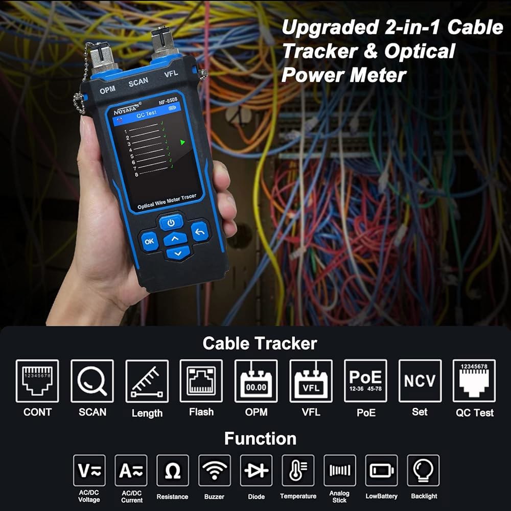 광학 전력계가 장착된 NOY NF-8508 네트워크 케이블 테스터, CAT5 CAT6 토너 이더넷 RJ45 VFL PoE QC 테스트 와이어 트레이서 포트 플래시 200M 길이 - 상세 이미지 3