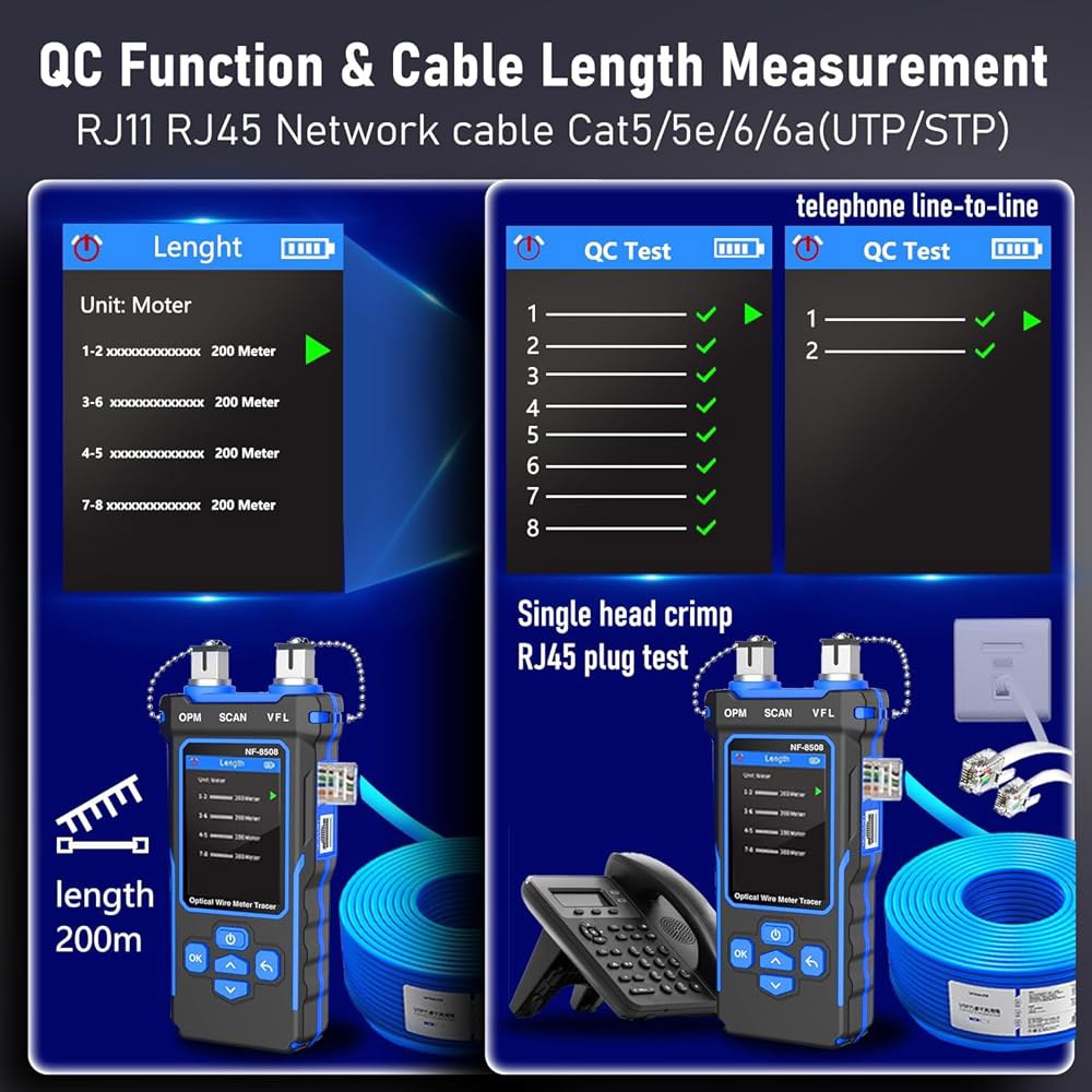 NOY NF-8508 7파장 광출력계, RJ11 RJ45 / PoE 테스터 CAT5 CAT6 NCV, 리튬 배터리 포함 네트워크 도구 - 상세 이미지 3