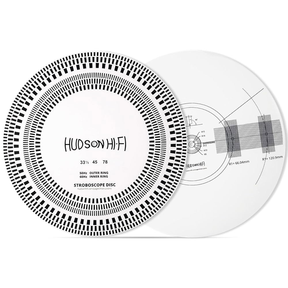 허드슨 하이파이 턴테이블 스트로브 디스크 매트 - 12인치 x 2mm 33-1/3 및 45RPM 속도 테스트용 PVC 디스크(카트리지 정렬 각도기 매트가 있는 스트로브스코프 양면) - 상품 이미지