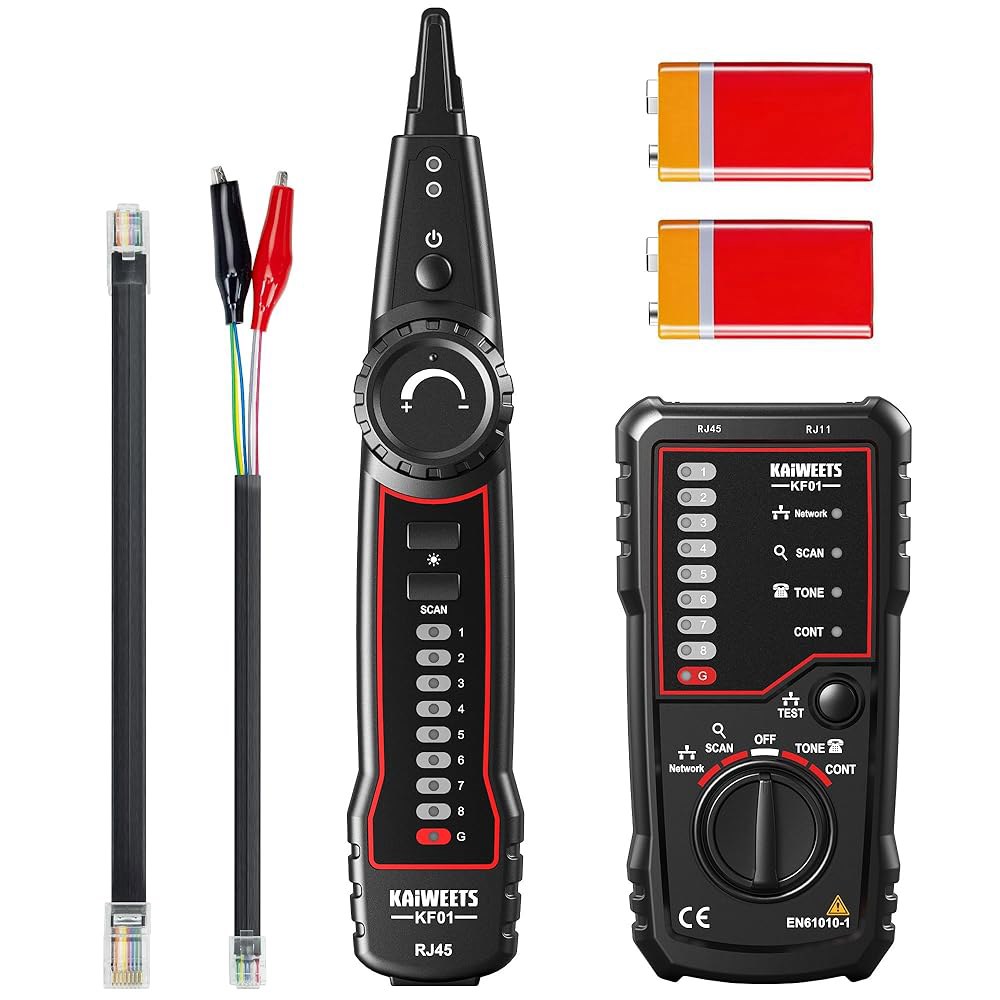 KAIWETS 네트워크 케이블 테스터, RJ45 RJ11 와이어 트레이서 라인 파인더, 톤 발생기 및 프로브 키트, 대조용 이더넷 LAN Cat5 Cat6, 전화선 테스트 - 상품 이미지