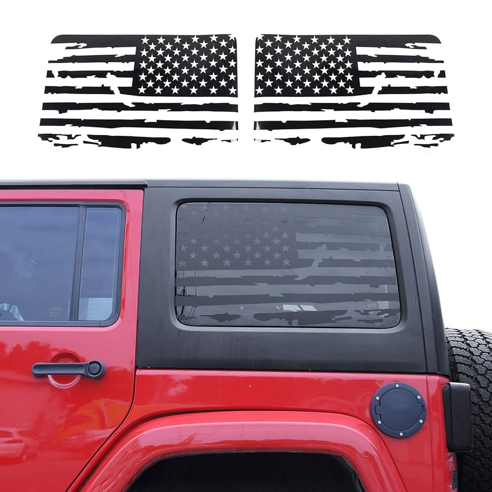 JeCar Hardtop Window USA 디스트레스드 데칼 지프 국기 비닐 스티커 1쌍 4 2011-2018 도어용, JKU 깃발 랭글러 미국 - 상품 이미지