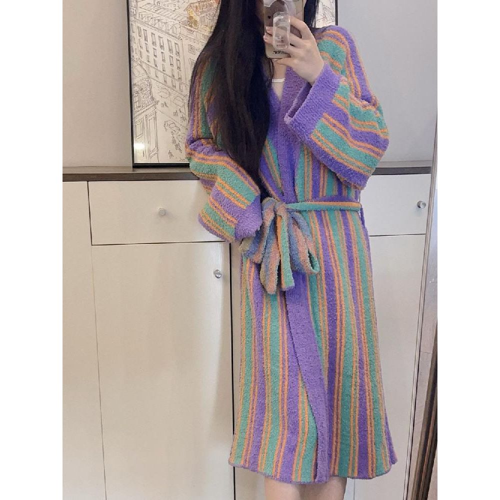 샤워가운 로브가운 스트라이프 줄무늬 호텔 수영장 로브 벨벳 극세사 잠옷 - 상품 이미지