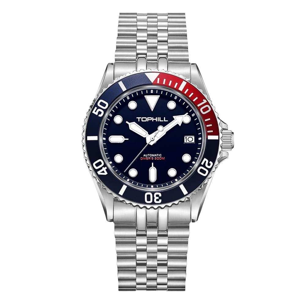 TOPHILL 남성용 다이브 시계 40mm 시계, 다이버 TD007G, 크리스탈 오토매틱 RedBlue-ST, 기계식 다이빙 30Ba- 손목 루미너스 사파이어 NH35 캘린더 - 상품 이미지
