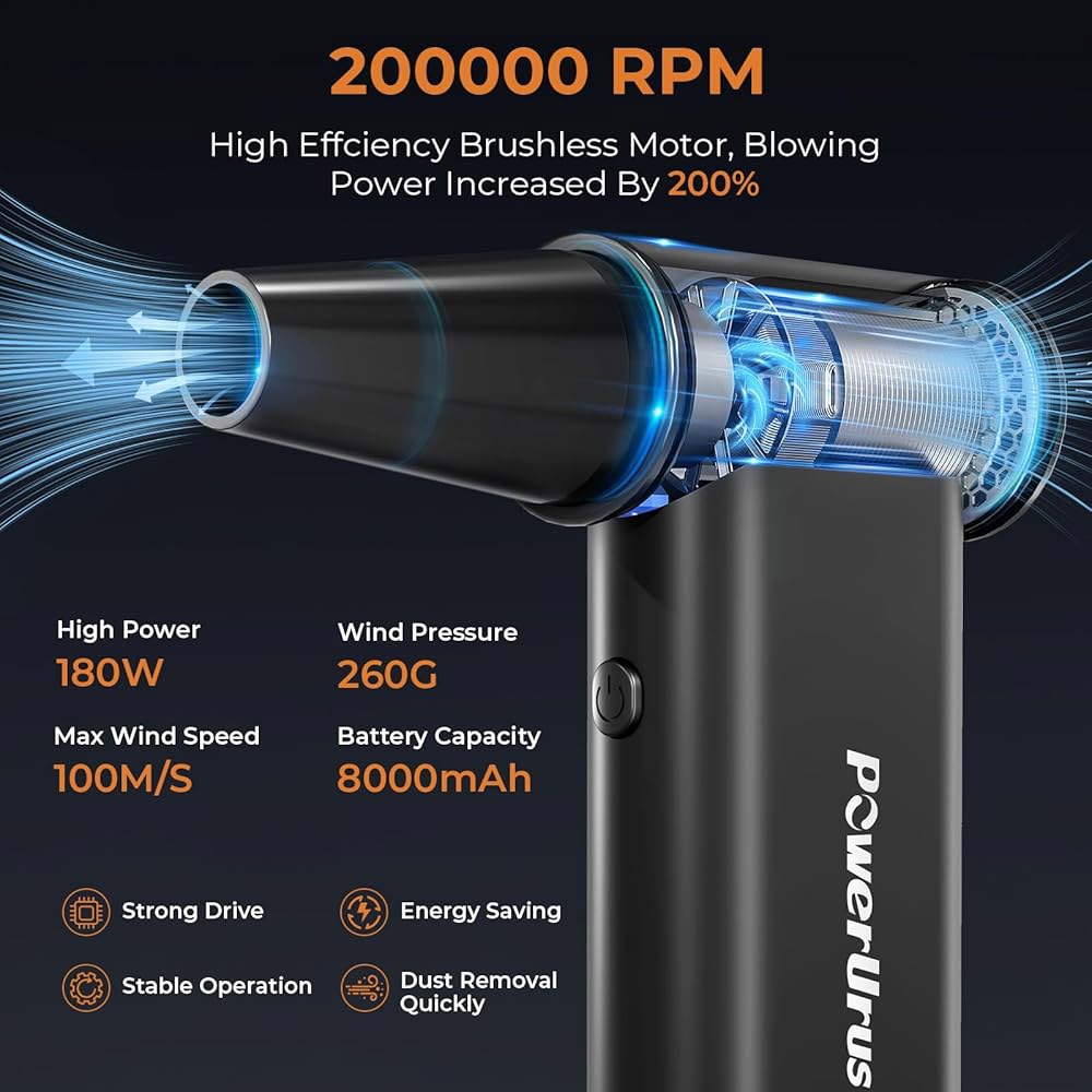 압축 공기 집진기, 브러시리스 모터가 장착된 PowerUrus 20000RPM 전기 4단 조절식 무선 송풍기, 키보드, PC, 실외 및 가정 청소용 8000mAh 충전식 집진기 - 상세 이미지 3