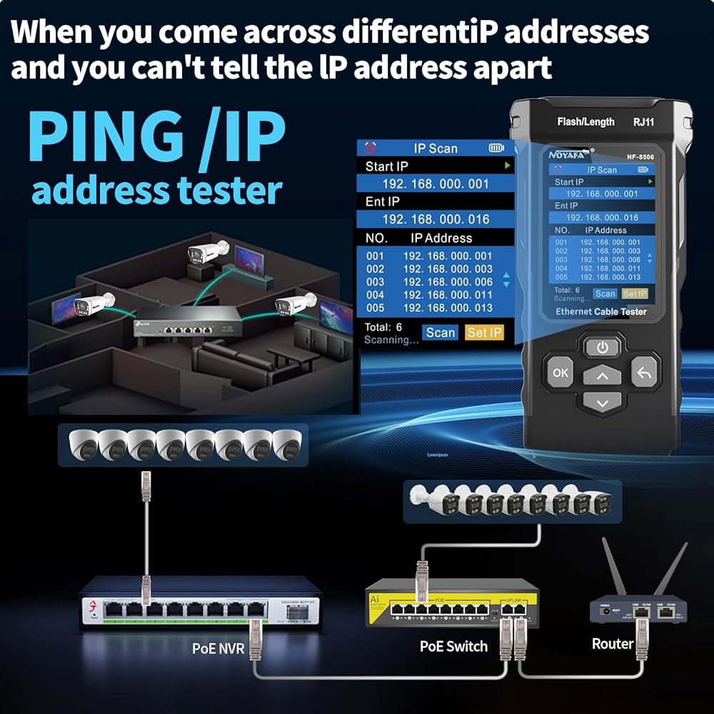 IP 스캔 기능이 있는 NOY NF-8506 네트워크 케이블 테스터, TDR CAT5 CAT6 이더넷 PoE 핑 테스트, 속도 포트 깜박임, RJ11 RJ45용 테스터 토너 - 상세 이미지 3