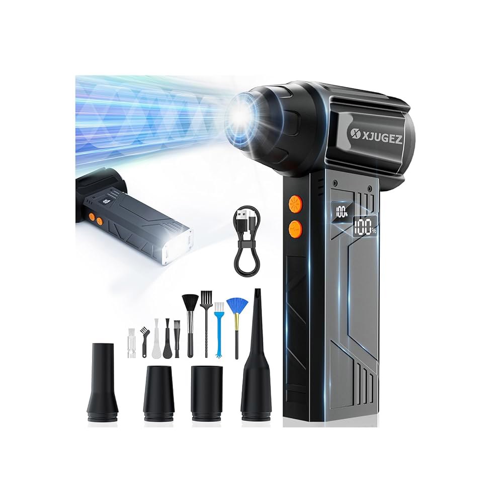 플래시라이트가 장착된 XJUGEZ 압축 공기 더스터, 180000RPM 전기 컴퓨터, 키보드, 실외, 집, 자동차용 다목적 노즐이 디스플레이 고속 더스터 4단 기어 - 상품 이미지