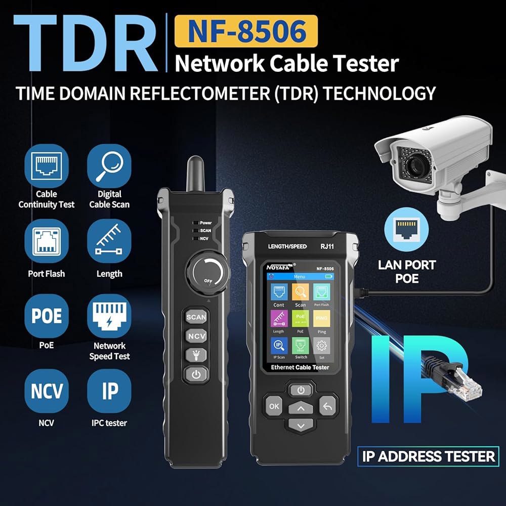 IP 스캔 기능이 있는 NOY NF-8506 네트워크 케이블 테스터, TDR CAT5 CAT6 이더넷 PoE 핑 테스트, 속도 포트 깜박임, RJ11 RJ45용 테스터 토너 - 상세 이미지 2