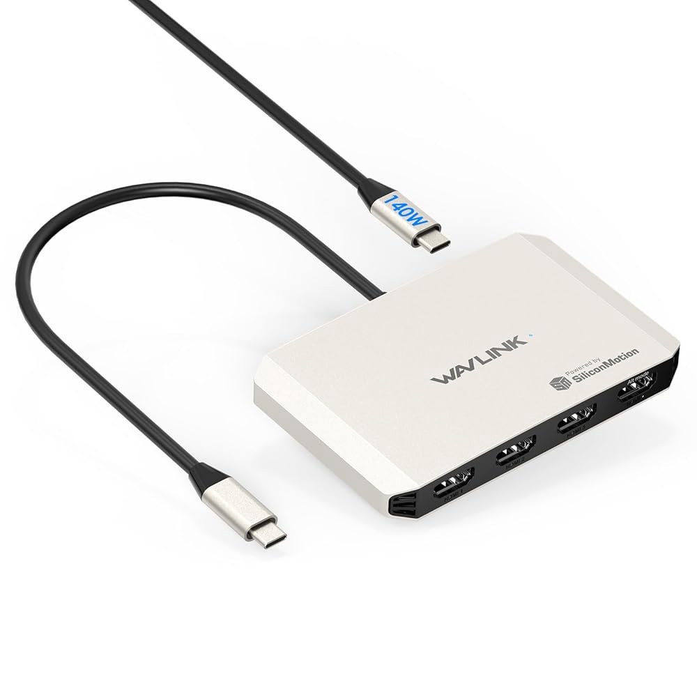 4 모니터 도킹 스테이션, M1 / M2 M3 M4 macOS 시스템용 WAVLINK 쿼드 어댑터, 140W PD 입력, HDMI, 4K 출력, SMI 드라이버 및 호스트 USB3 - 상품 이미지