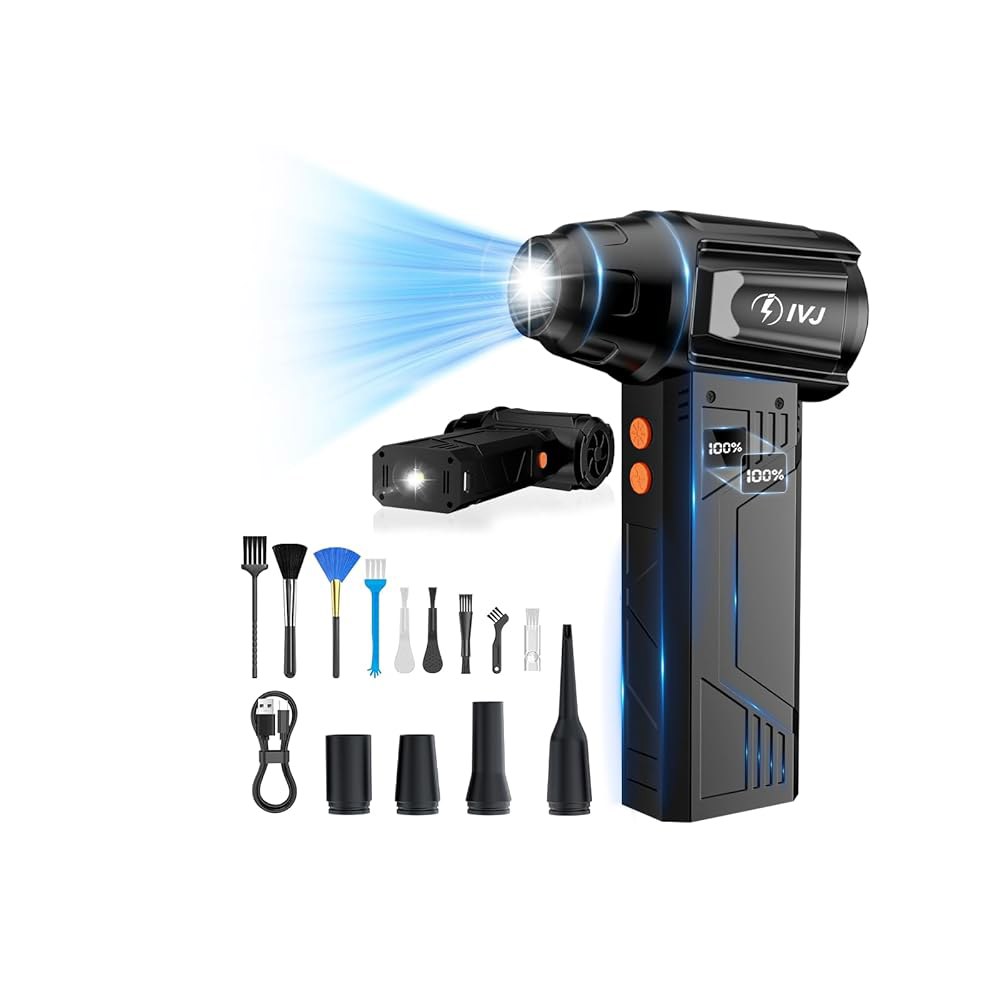 IVJ 압축 공기 더스트, 1800RPM 초강력 무선 전기 LED 조명 충전식 4단 조절식 미니 컴퓨터, 키보드, 집, 실외 및 자동차용 먼지 송풍기 - 상품 이미지