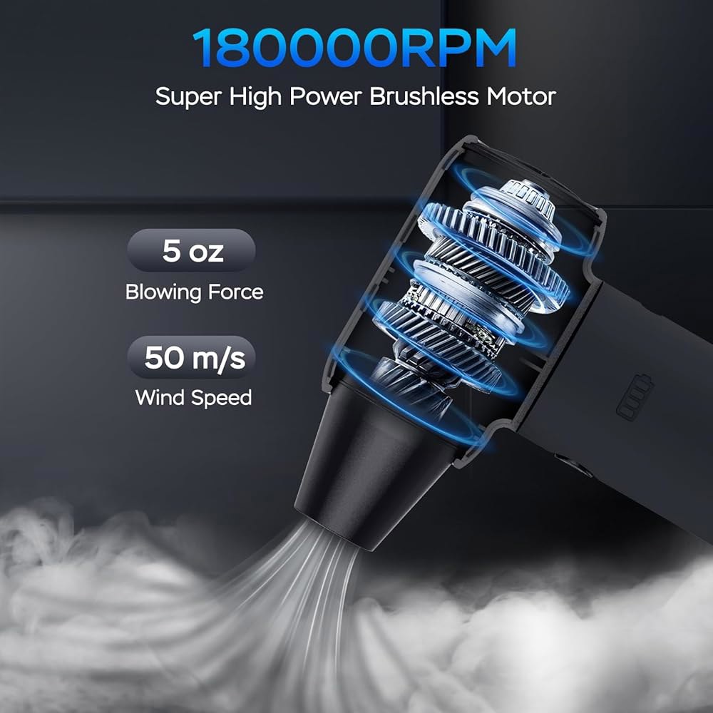 압축 공기 더스트, 180000RPM 전기 더스트 송풍기, 무선 충전식 미니 PC 키보드 컴퓨터 자동차 실외기 청소용 기어 제트 팬 3개 - 블랙 Black - 상세 이미지 2