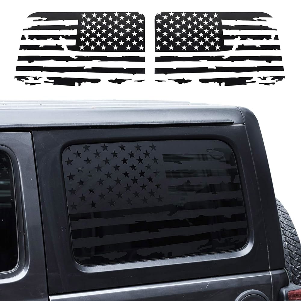 JeCar Hardtop Window USA 디스트레스드 국기 4도어와 1쌍 데칼 비닐 랭글러 지프 JLU 호환, 2018-2024 스티커 미국 깃발 - 상품 이미지