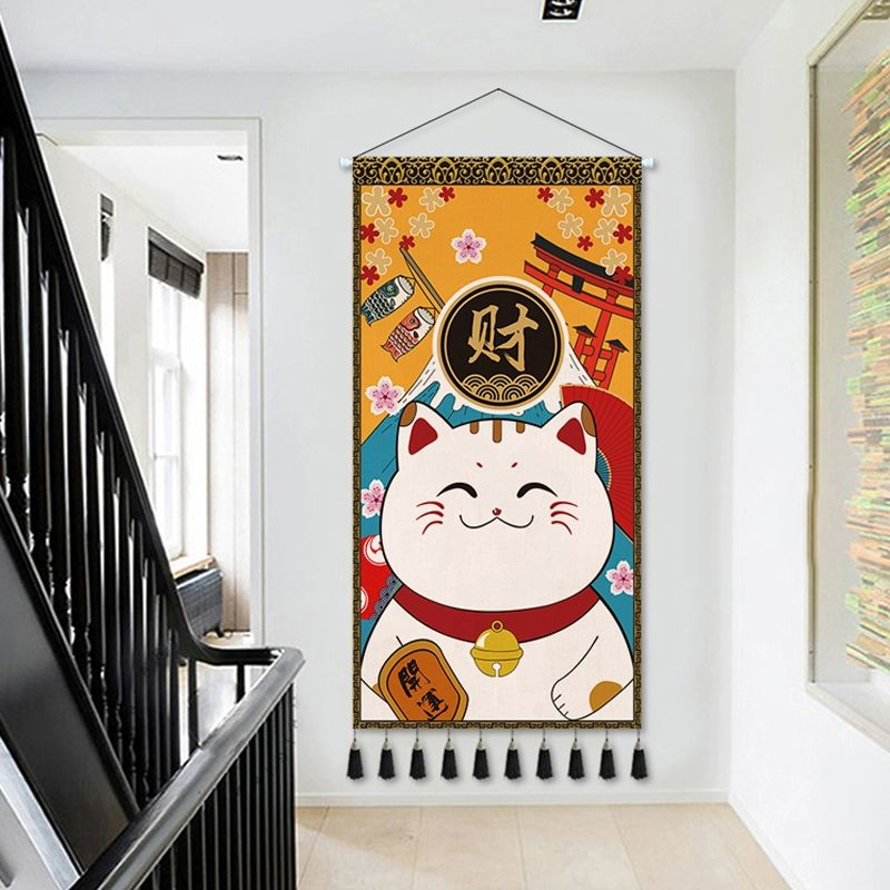 일본풍 족자 벽 걸이 패브릭 걸이 그림 거실 현관 고양이 후지산 거실 식당 이자카야 장식 부를 부르는 고양이 60cm x 120cm 족자하단 술장식6개 - 상세 이미지 4