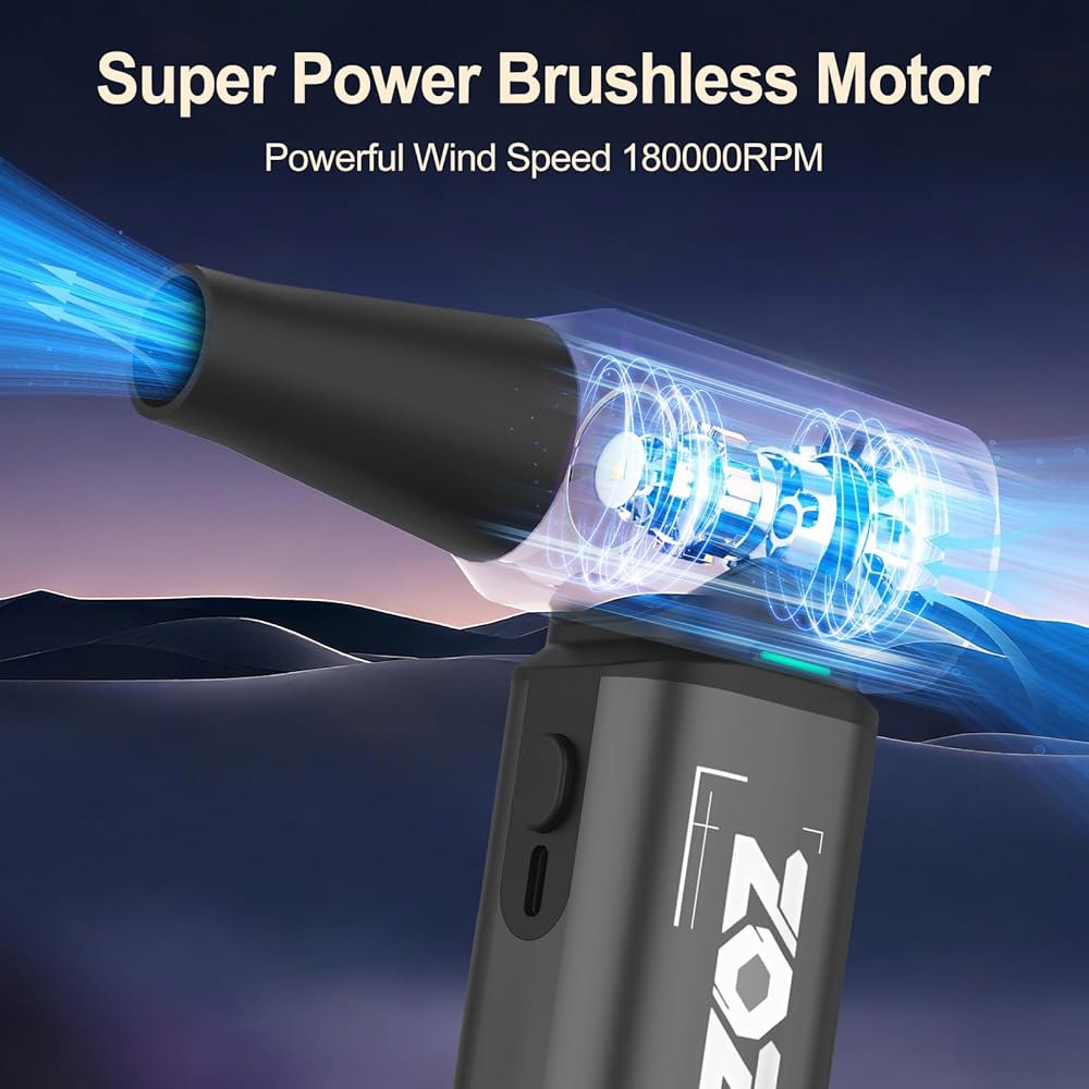 압축 공기 집진기, 브러시리스 모터와 LED 조명이 장착된 1800RPM 강력한 무선 전기 PC, 키보드, 집, 자동차 및 실외용 충전식 스텝리스 속도 조절 먼지 송풍기 Grey - 상세 이미지 3