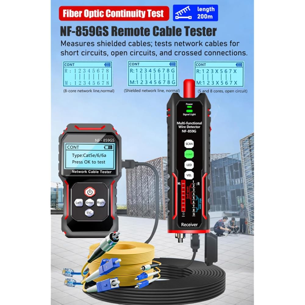 NF-859GS 네트워크 케이블 테스터 POE RJ45 RJ11 CAT5 CAT6, 오디오 테스트 / 길이 측정 추적 이더넷 LAN 전화선 검사 토너 광섬유 연결 지원 - 상세 이미지 2