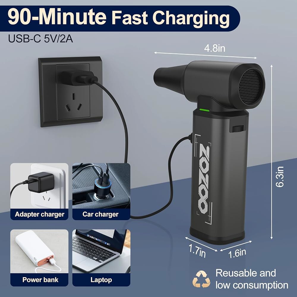 압축 공기 집진기, 브러시리스 모터와 LED 조명이 장착된 1800RPM 강력한 무선 전기 PC, 키보드, 집, 자동차 및 실외용 충전식 스텝리스 속도 조절 먼지 송풍기 Grey - 상세 이미지 2