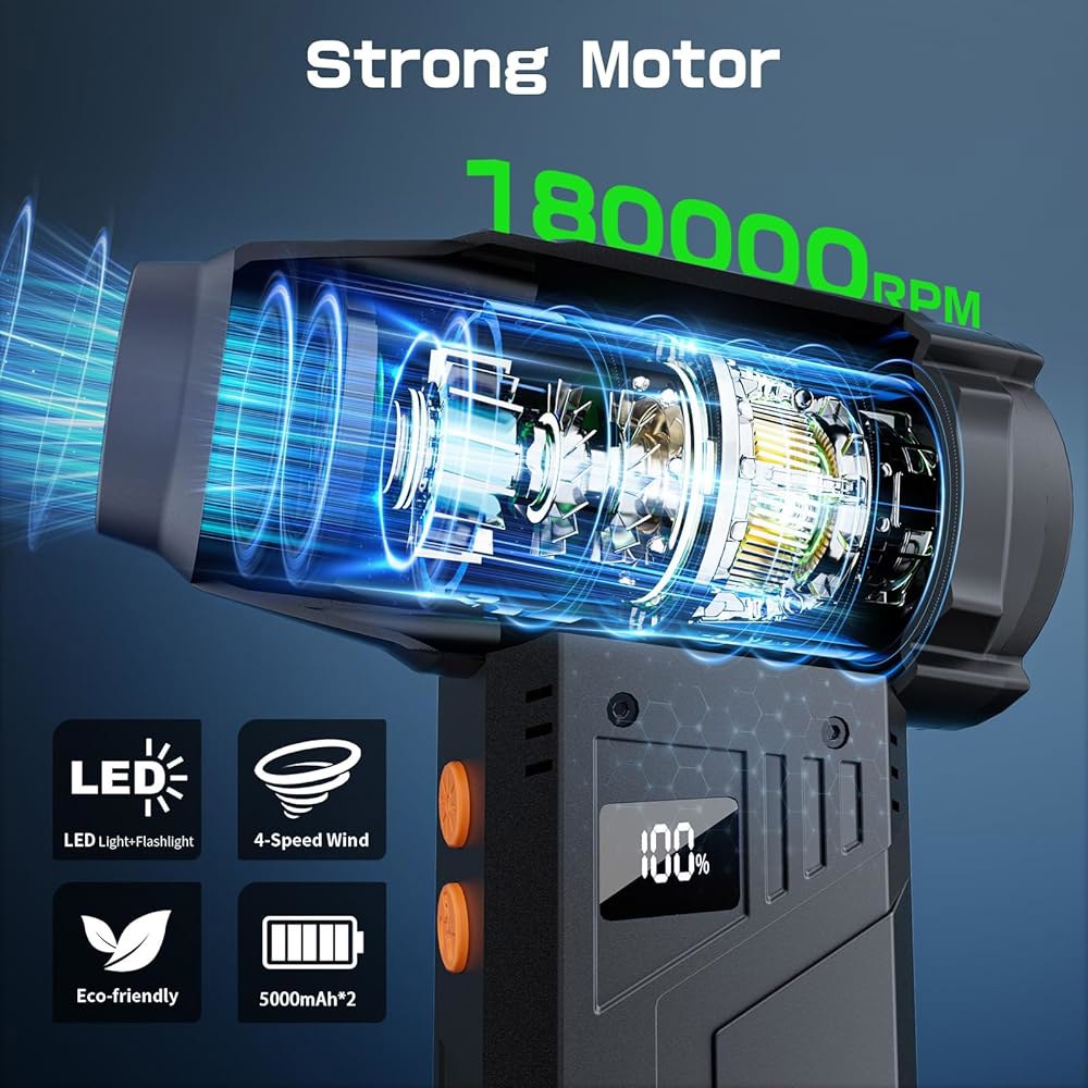 플래시라이트가 장착된 XJUGEZ 압축 공기 더스터, 180000RPM 전기 컴퓨터, 키보드, 실외, 집, 자동차용 다목적 노즐이 디스플레이 고속 더스터 4단 기어 - 상세 이미지 2