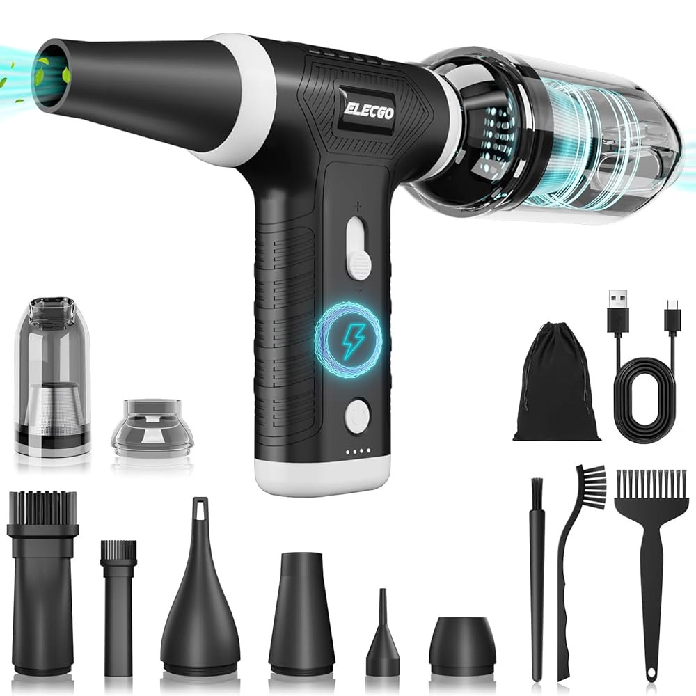 ELECGO 2 in 1 압축 공기 집진기, 150000 RPM 전기 브러시리스 모터가 장착된 진공 청소기, 스텝리스 속도 조절 가능, 가정용, 자동차, 키보드, 컴퓨터용 고속 - 상품 이미지