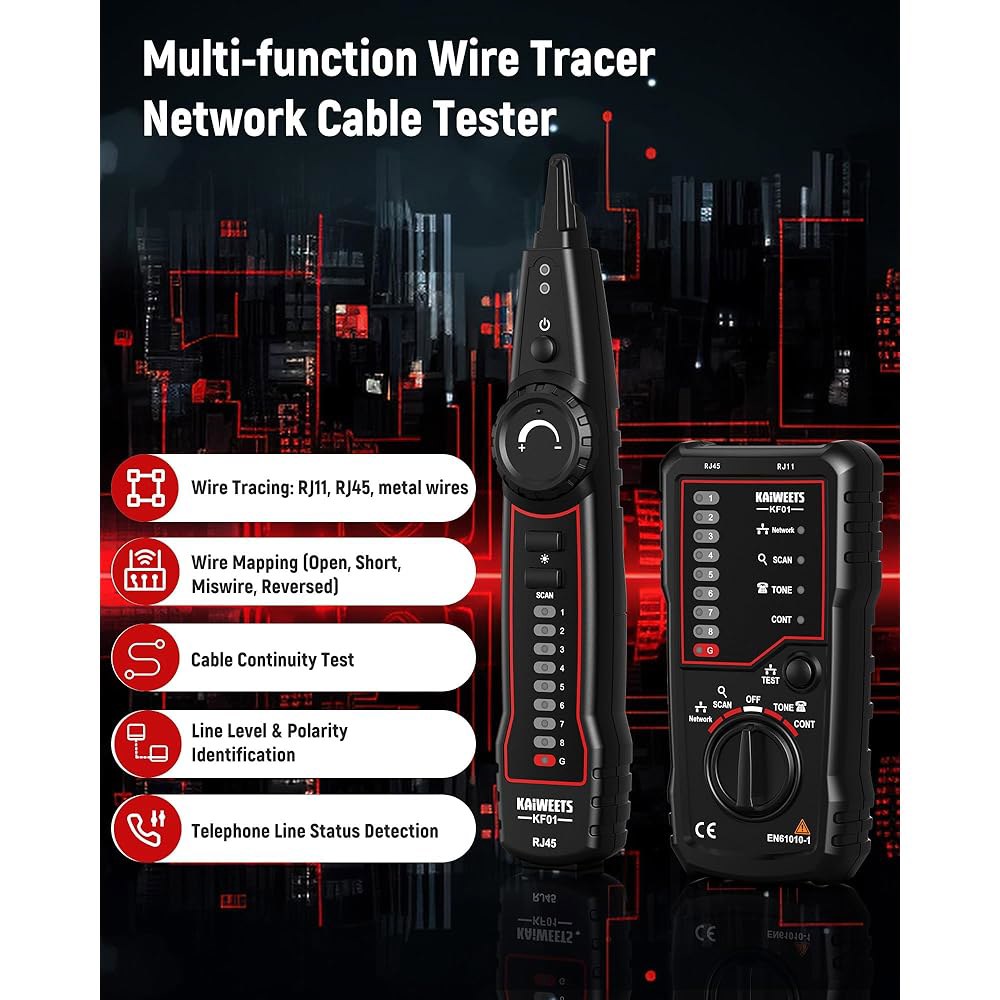 KAIWETS 네트워크 케이블 테스터, RJ45 RJ11 와이어 트레이서 라인 파인더, 톤 발생기 및 프로브 키트, 대조용 이더넷 LAN Cat5 Cat6, 전화선 테스트 - 상세 이미지 2