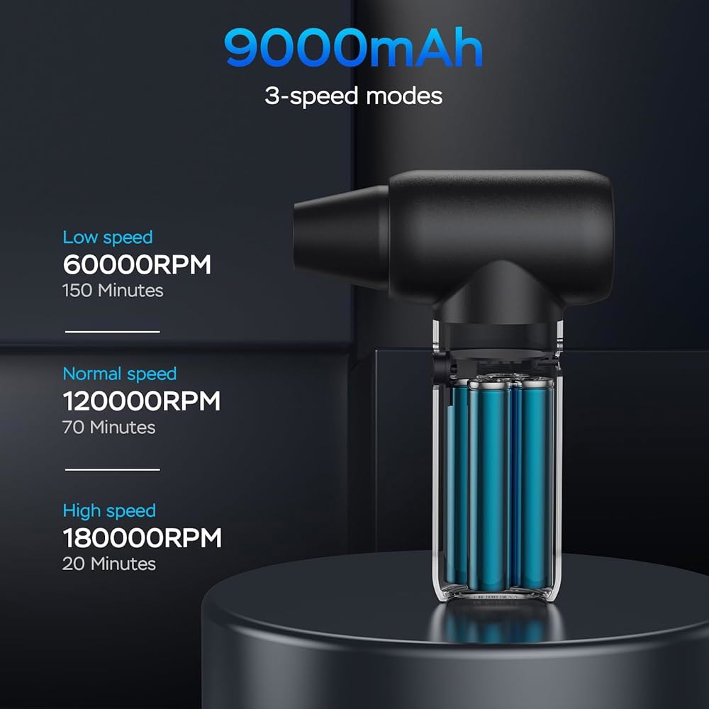 압축 공기 더스트, 180000RPM 전기 더스트 송풍기, 무선 충전식 미니 PC 키보드 컴퓨터 자동차 실외기 청소용 기어 제트 팬 3개 - 블랙 Black - 상세 이미지 3