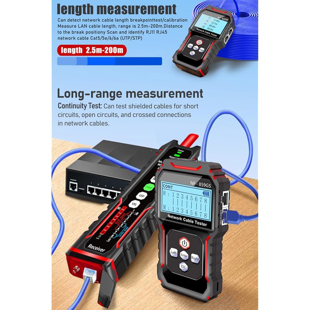 NF-859GS 네트워크 케이블 테스터 POE RJ45 RJ11 CAT5 CAT6, 오디오 테스트 / 길이 측정 추적 이더넷 LAN 전화선 검사 토너 광섬유 연결 지원 - 상세 이미지 3