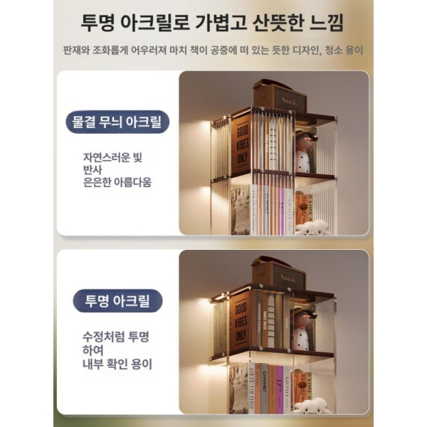 모던 회전 철제 투명 수납 틈새 이동식 책장 아크릴 선반 책꽂이 물결무늬 5단 내추럴 우드 블랙 화이트 - 상세 이미지 2