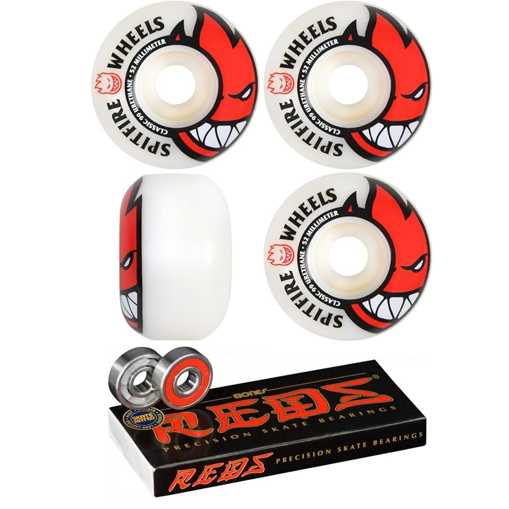 스핏파이어 52mm 휠 빅헤드 화이트/레드 스케이트보드 - 99a(본즈 베어링 포함) 8mm 본즈 레드 정밀 스케이트 등급 (8개) 팩 2개 품목 번들 - 상품 이미지