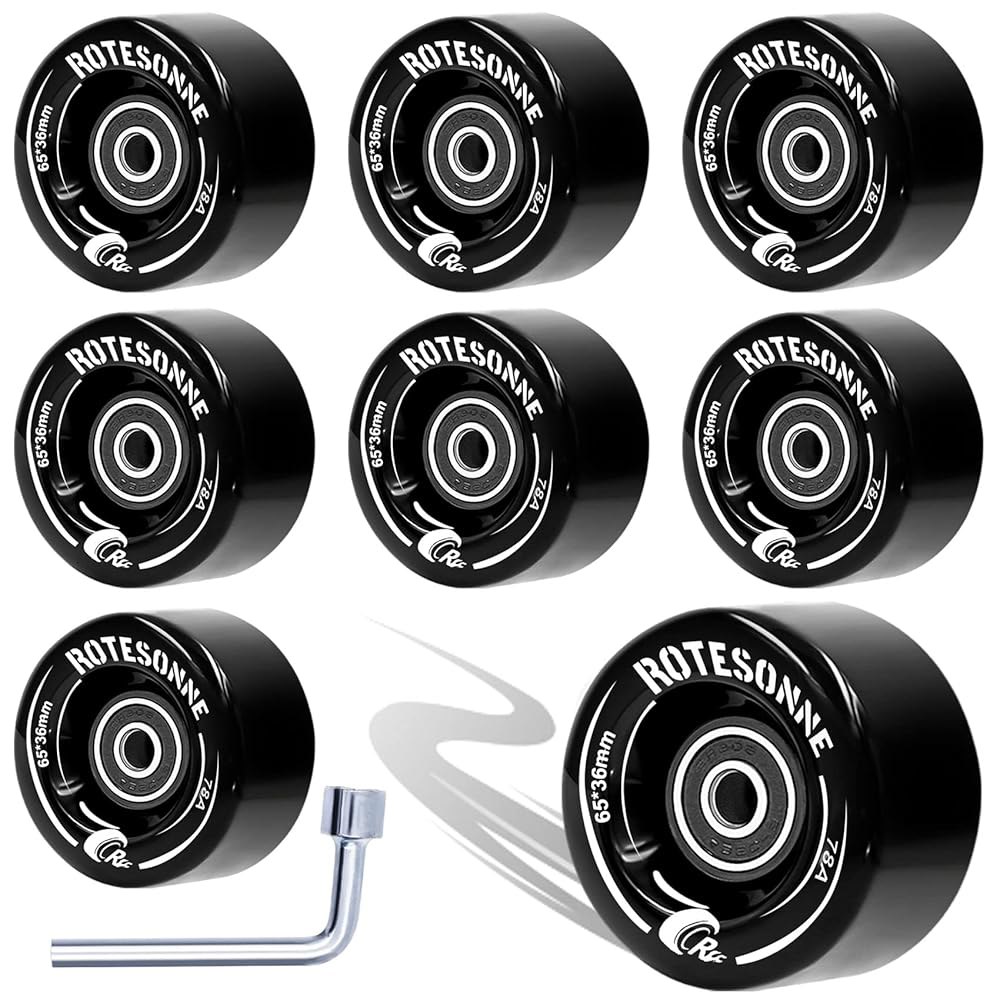 8팩 78A 쿼드 롤러 스케이트 휠 65 x 36mm, ABEC-9 베어링 장착, 더블 로우 스케이팅, 액세서리 실외/실내 사용(블랙) Black - 상품 이미지
