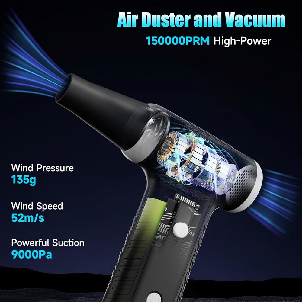 ELECGO 2 in 1 압축 공기 집진기, 150000 RPM 전기 브러시리스 모터가 장착된 진공 청소기, 스텝리스 속도 조절 가능, 가정용, 자동차, 키보드, 컴퓨터용 고속 - 상세 이미지 2