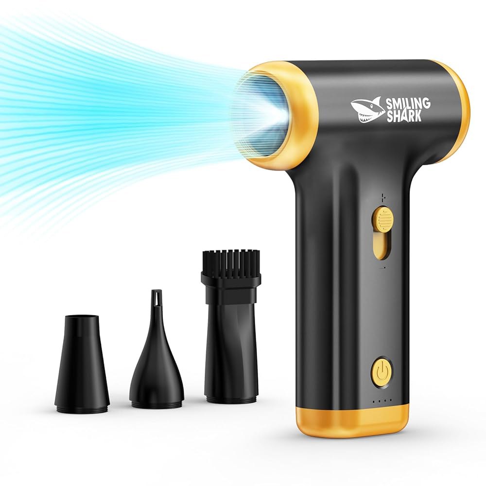스마일 샤크 압축 공기 더스터, JF-01 브러시리스 모터 스텝리스 속도 130000RPM 5Kpa 충전식 무선 전기 송풍기, PC 청소용 LED 조명 포함 / 키보드 자동차 캠핑 - 상품 이미지