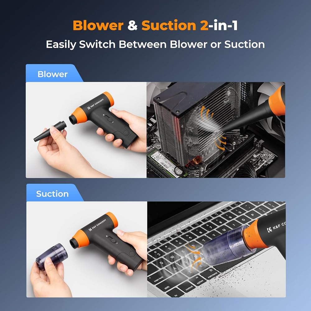 K&F 컨셉 송풍기 & 흡입 2 in 1 압축 공기 집진기, 150000RPM 초강력 전기 스텝리스 속도 조절, 컴퓨터, 키보드, 집, 실외 및 자동차용 휴대용 먼지 - 상세 이미지 3