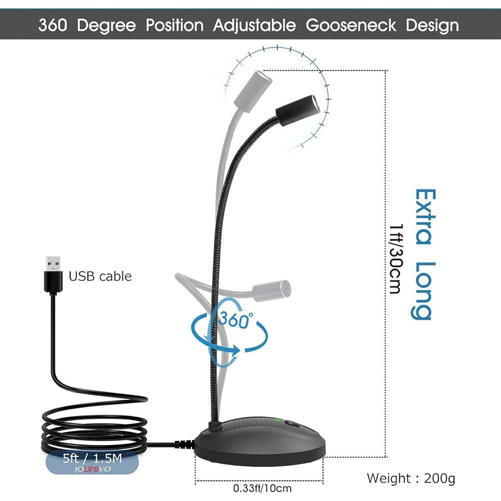 JOUNIVO USB 마이크, 360도 조절 가능한 구스넥 디자인, 음소거 버튼 및 LED 표시등, 노이즈 캔슬링 기술, 플러그 앤 플레이, Windows MacOS와 호환 가능 - 상세 이미지 2