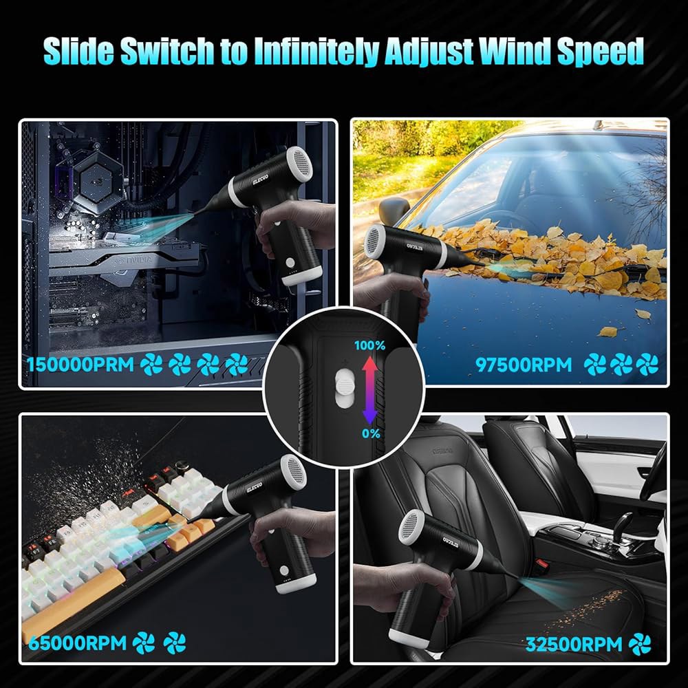 ELECGO 2 in 1 압축 공기 집진기, 150000 RPM 전기 브러시리스 모터가 장착된 진공 청소기, 스텝리스 속도 조절 가능, 가정용, 자동차, 키보드, 컴퓨터용 고속 - 상세 이미지 3