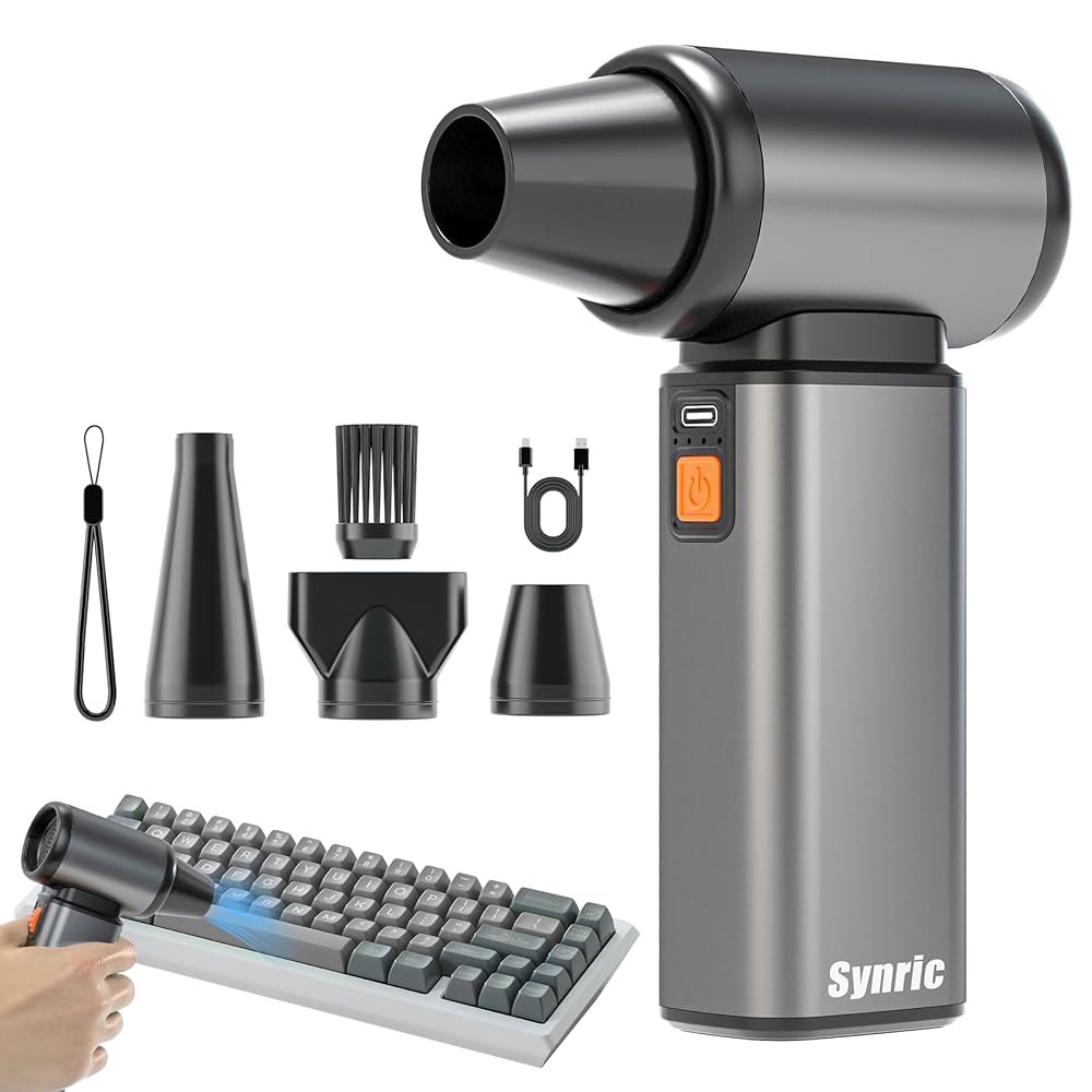 SYNRIC 압축 공기 집진기, 스텝리스 속도 전기 브러시리스 모터가 장착된 금속 쉘 송풍기, 실외, 자동차, 가정 청소용 캔 공기를 대체하는 1200 RPM 키보드 클리너 - 상품 이미지