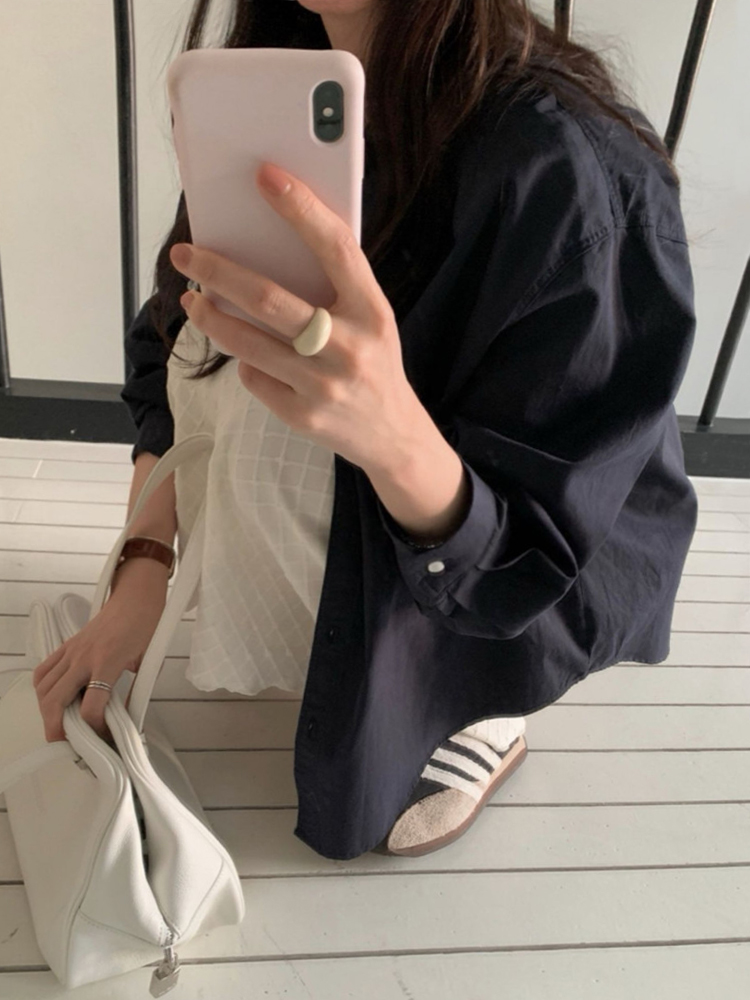 바스락 워싱 코튼 카라 레이어드 루즈핏 포켓 여성 셔츠 봄 코튼셔츠 여자남방 핑크 이미지 8