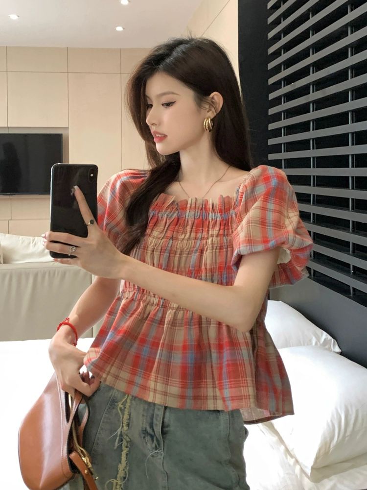 빅사이즈 어깨트임 블라우스 반팔 오픈숄더 코디 여름 스퀘어넥 시크한 퍼프 체크 룩 오프숄더 - 상세 이미지 3