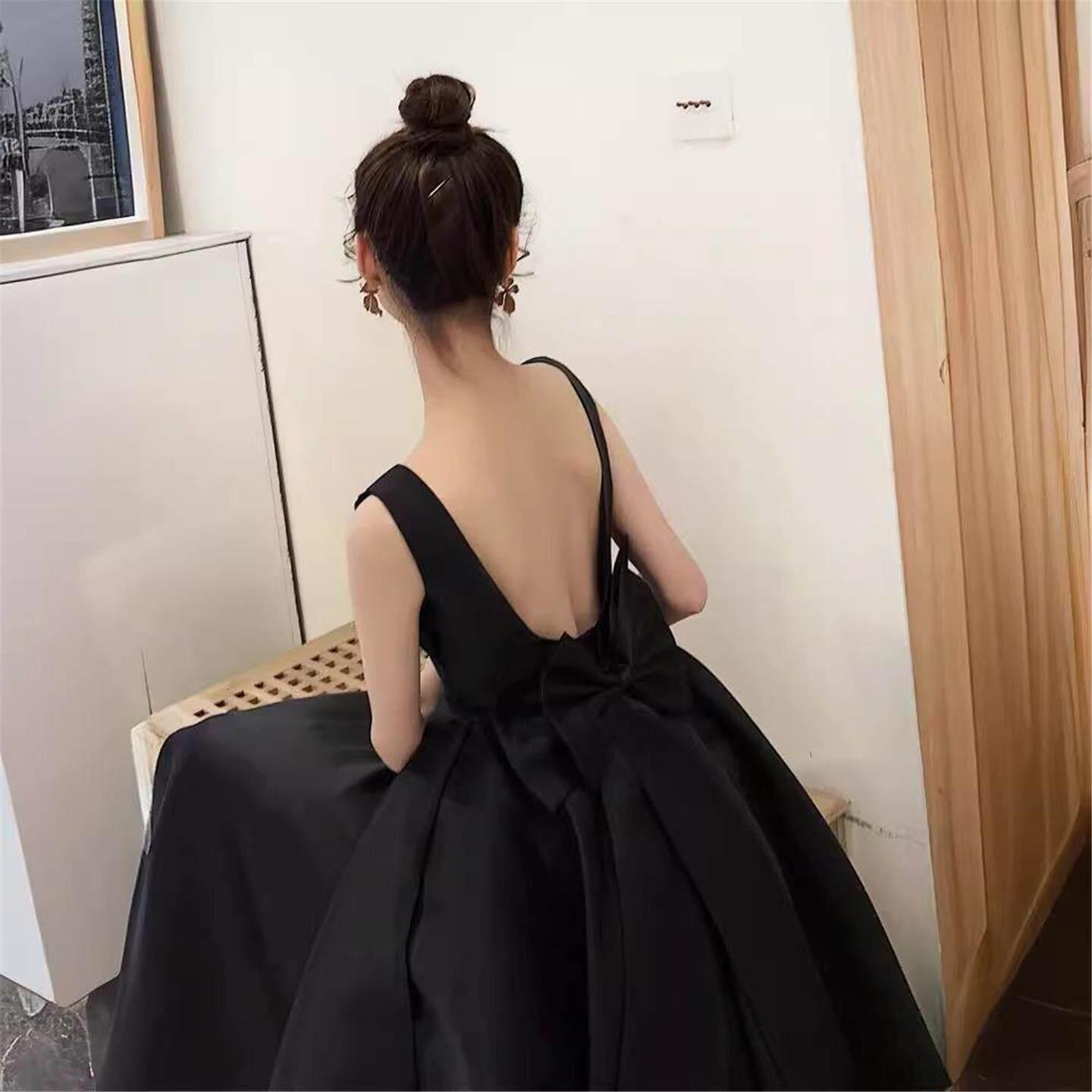 새틴 민소매 나시 브라이덜샤워원피스 스냅촬영 리본 검정 블랙드레스 - 상품 이미지