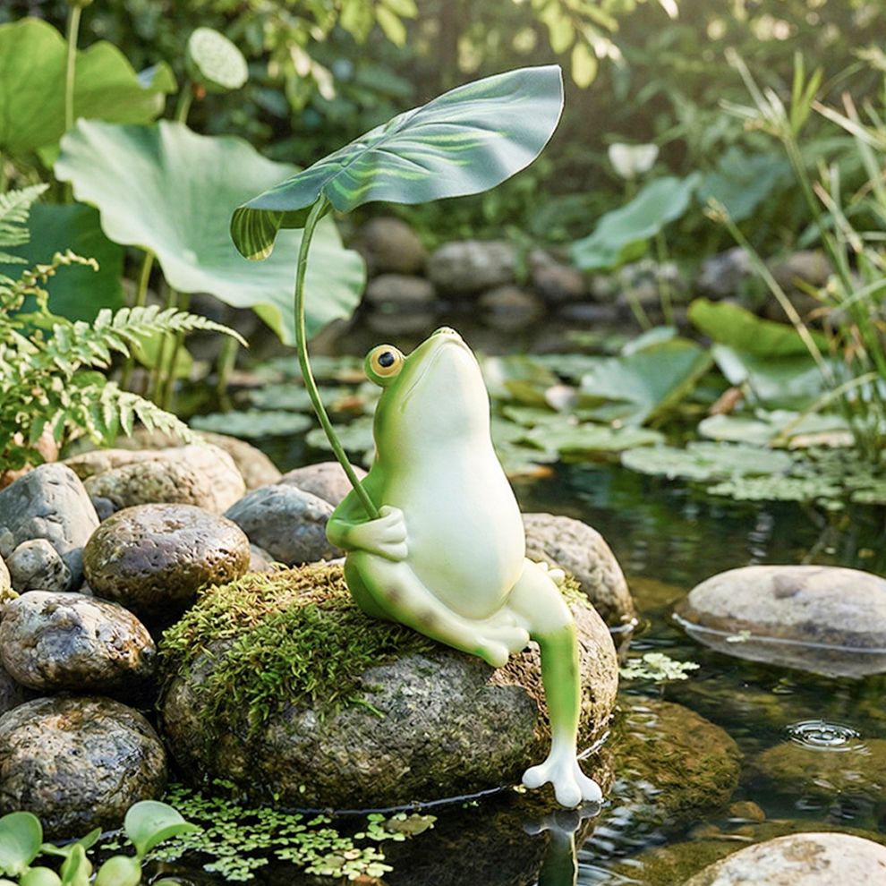 이파리 우산 든 개구리 정원 수조 가드닝 장식 마당 화분 조경 꾸미기 소품 아이템 - 상품 이미지