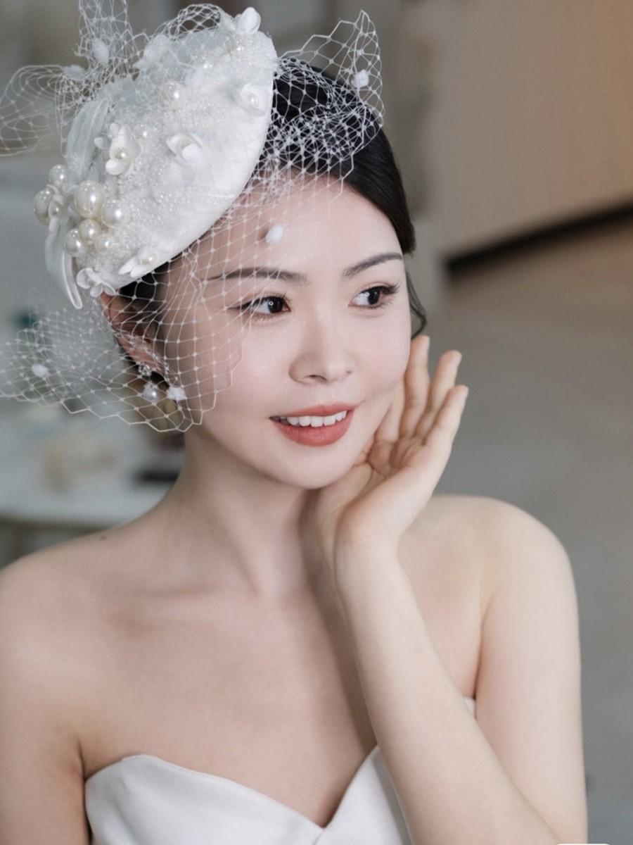 빈티지 웨딩 페이스베일 모자 펄 리본 개화기 복고풍 - 상품 이미지