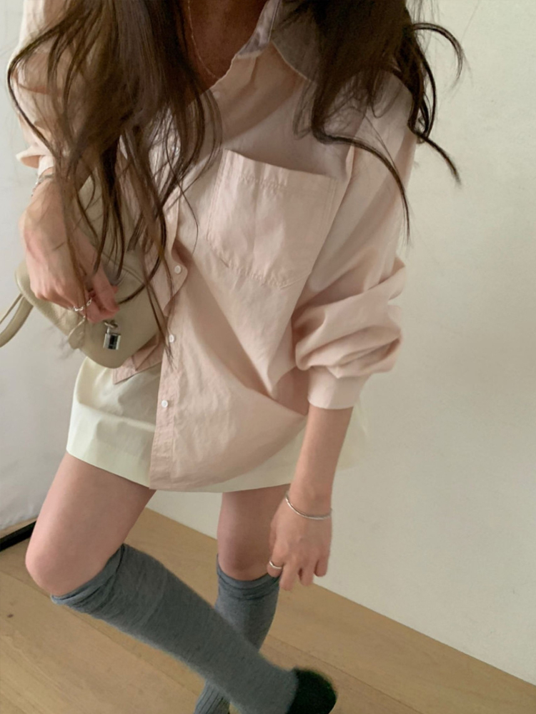 바스락 워싱 코튼 카라 레이어드 루즈핏 포켓 여성 셔츠 봄 코튼셔츠 여자남방 핑크 - 상세 이미지 5