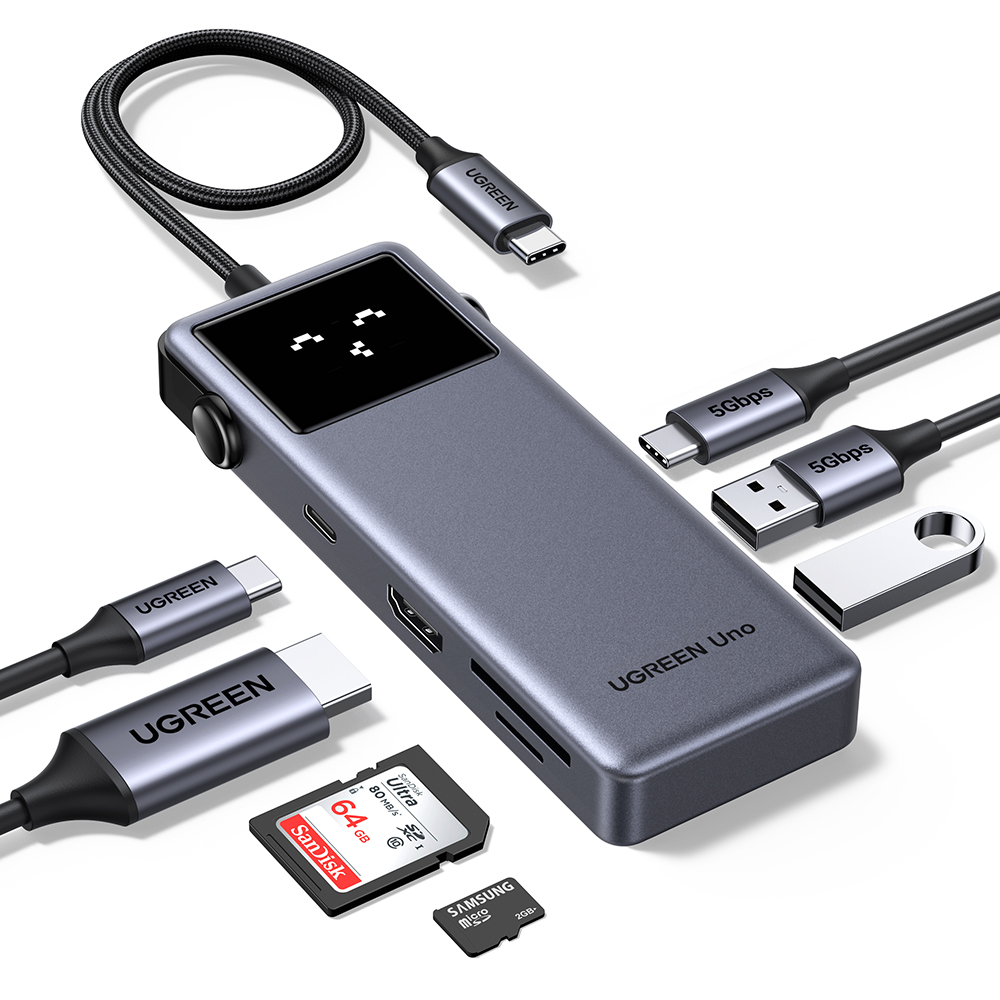 유그린 UNO 클릭 7in1 C타입 4K 60Hz HDMI PD SD TF 카드 리더기 USB 멀티허브 독 미러링 On Off 기능 CM889-75179 - 상품 이미지