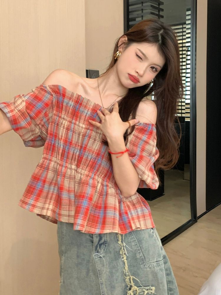 빅사이즈 어깨트임 블라우스 반팔 오픈숄더 코디 여름 스퀘어넥 시크한 퍼프 체크 룩 오프숄더 - 상세 이미지 5