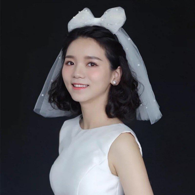 진주 리본 베일 셀프 웨딩 면사포 신부용 미니베일 - 상품 이미지