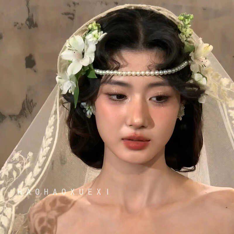 빈티지 웨딩 베일 면사포 화관 진주 체인 촬영 소품 셀프웨딩용 - 상세 이미지 3