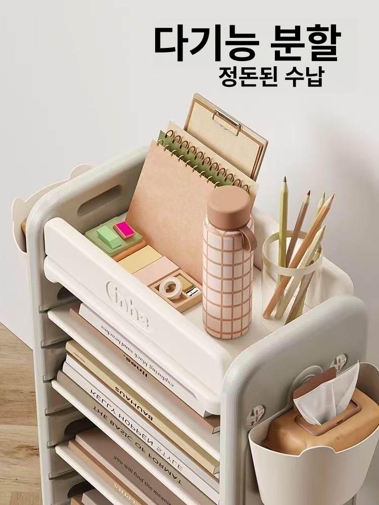 이동식책장 학습지 책꽂이 북카트 트롤리 철제 플랫폼 수납 휠 책상 사이드 브라운 - 상세 이미지 3