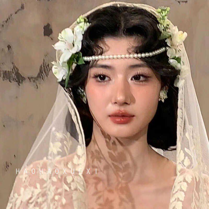 빈티지 웨딩 베일 면사포 화관 진주 체인 촬영 소품 셀프웨딩용 - 상세 이미지 4