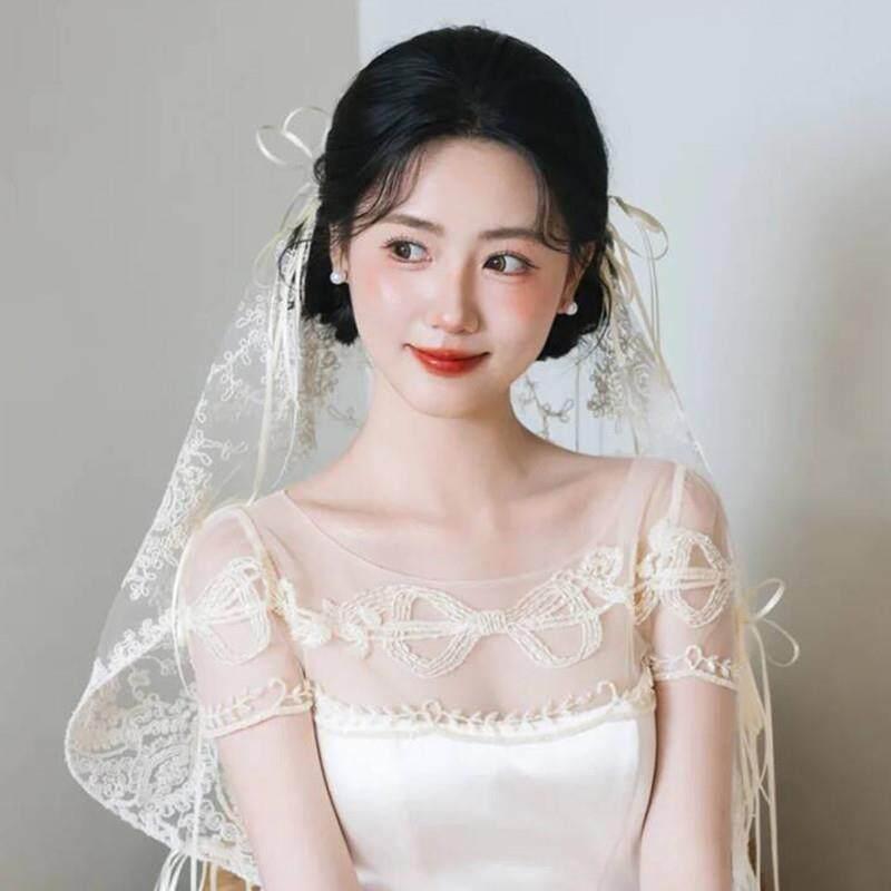 리본 레이스 웨딩베일 드레스 악세사리 브샤 셀프 촬영 - 상품 이미지