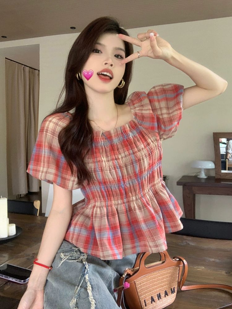 빅사이즈 어깨트임 블라우스 반팔 오픈숄더 코디 여름 스퀘어넥 시크한 퍼프 체크 룩 오프숄더 - 상세 이미지 2