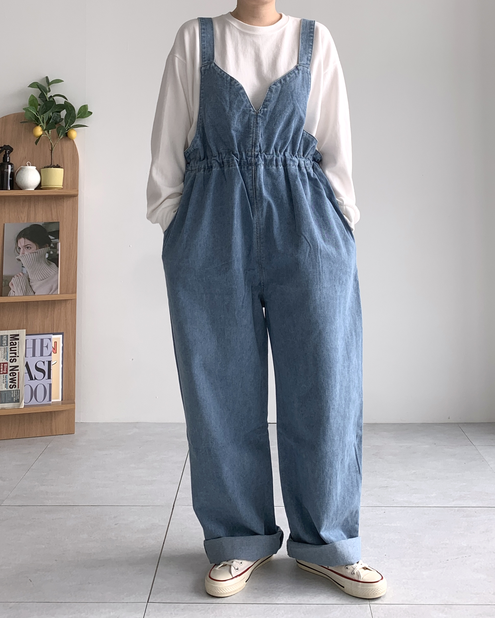투웨이 밴딩 멜빵바지 빅사이즈 데님 점프수트 이미지 6